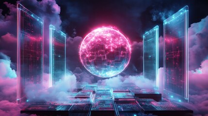 Fototapeta premium Futuristic digital landscape with glowing, translucent structures and a vibrant, orb-like sun. Transparent, glowing server racks flank a central orb. Abstract cloud formations