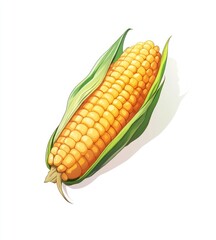 A detailed illustration of a corn cob, with vibrant yellow kernels and green leaves