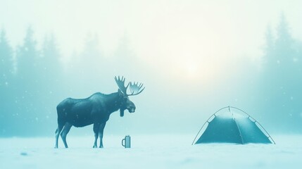 Moose and tent in snowy forest at dawn