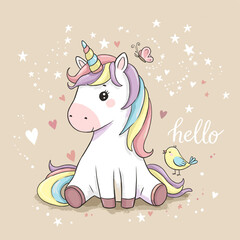 Cute cartoon unicorn with rainbow mane, bird, and butterfly says hello