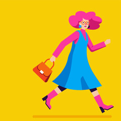 Stylish Stroll: A fashionable individual, exuding confidence and grace, strides forward with a handbag in hand. The image uses vibrant colours to convey energy and dynamism.