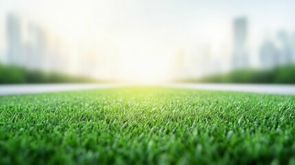 Fototapeta premium Fresh green grass on urban lawn with cityscape background