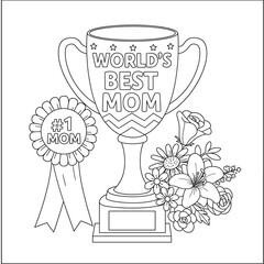 World's Best Mom trophy and #1 Mom ribbon coloring page outline