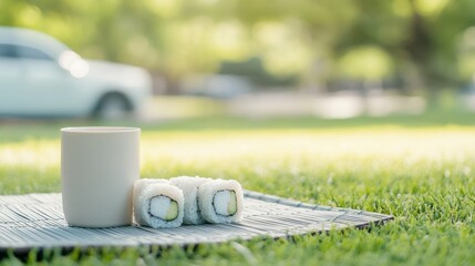 Sushi and cup on picnic mat in sunny park setting