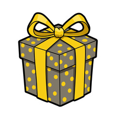 Gift Box: An illustration of a neatly wrapped gift box, adorned with a sunny yellow ribbon and a pattern of yellow polka dots. The box is ready to be given and contain wonderful surprise