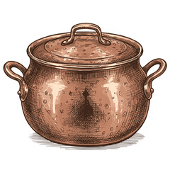 Vintage Copper Cooking Pot: An illustration of a vintage copper cooking pot with a lid, handles, and intricate details. Perfect for adding a touch of classic charm to culinary projects.