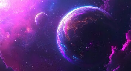 Cosmic planet bathed in vibrant purple nebulae. Two planets, one Earth-like, surrounded by starry, swirling space