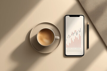 Cup of coffee beside smartphone displaying financial growth chart on a beige surface in a well-lit workspace