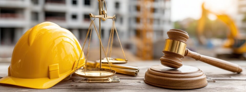 Attorney ensures justice and protection by wearing a helmet, wielding a gavel, and balancing scales through legal regulations in court judgment, managing contract lawsuit within industry rules.