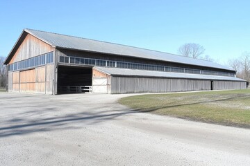 Large wooden barn with multiple stalls