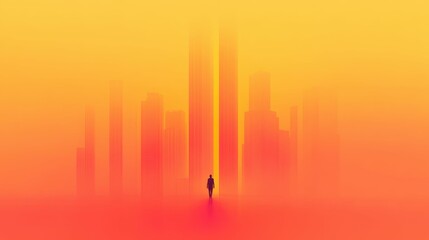 Fototapeta premium Silhouette of person in futuristic urban sunset with skyscrapers