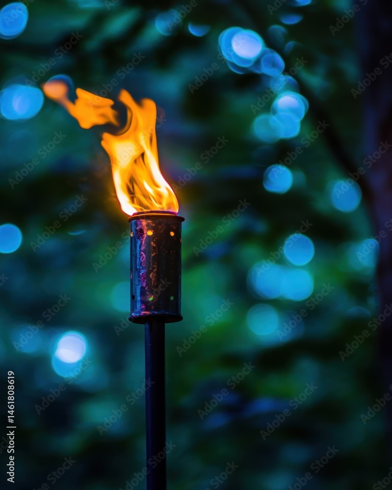 Poster burning tiki torch flame in a summer garden with bokeh lights at dusk close up eye level view