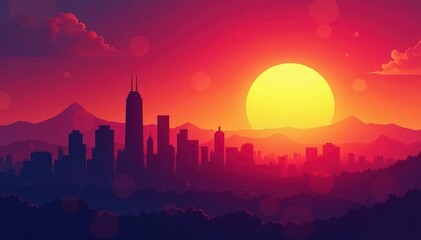 Sun setting over a futuristic cityscape silhouette, panorama, sun, buildings