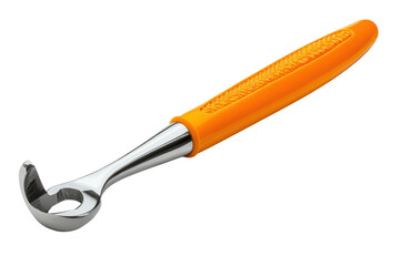 Fototapeta premium Ergonomic orange-handled peeler tool, stainless steel kitchen utensil with curved blade, cooking prep gadget for vegetables isolated on Transparent Background