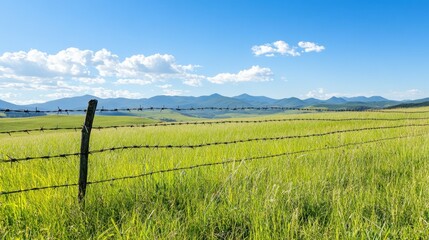 Barbed wire fence in lush green field with distant mountain view