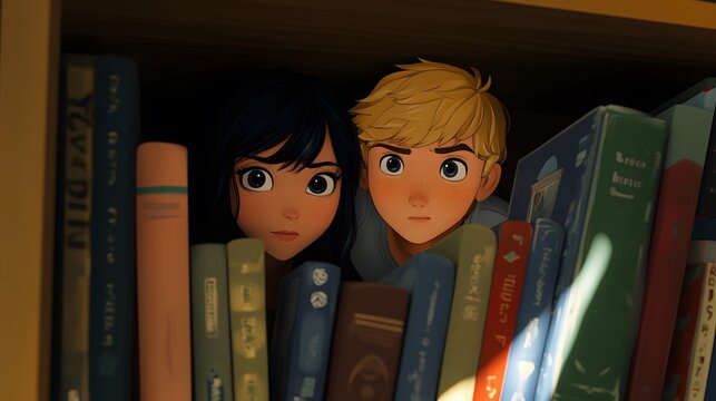 Adrien and Marinette hiding behind a bookshelf in anime style