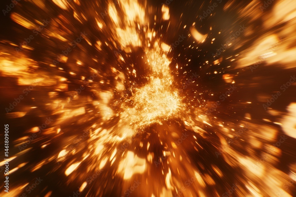 Poster abstract fiery explosion with motion blur effect in center of frame with warm colors and dynamic per