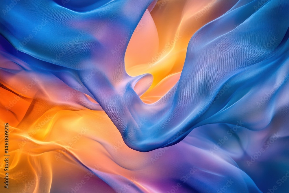 Poster abstract flowing fabric in blue and orange hues creating dynamic curves and folds studio shot close-