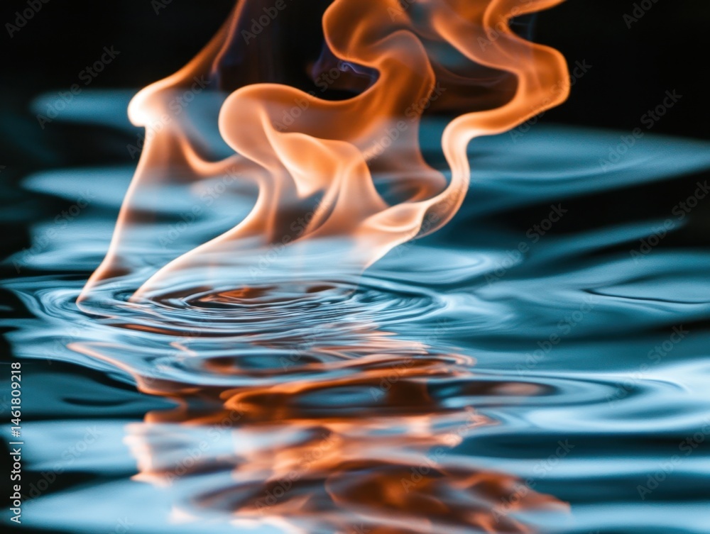 Poster abstract macro shot of orange flame dancing above blue water surface creating ripples and reflection