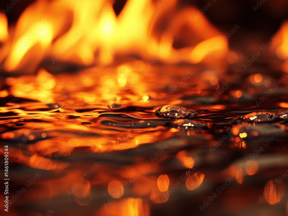 Aufkleber close up of fire flames on water surface creating abstract patterns and textures in warm orange and 