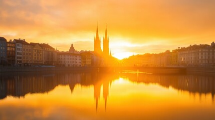 Naklejka premium Glowing sunrise over historic european cityscape with spires reflecting in river