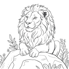 Coloring Page of a lion proudly standing in the wild, showcasing its majestic mane