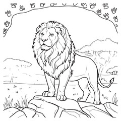 Coloring Page of a lion proudly standing in the wild, showcasing its majestic mane