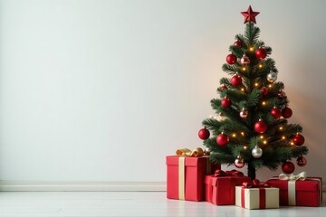 Ornate Christmas tree, presents by white wall, festive, holiday, luxury