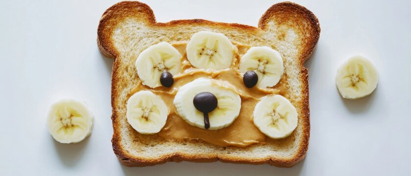 Naklejki Cute bear toast with peanut butter and banana slices overhead shot creative food art for kids breakfast snack
