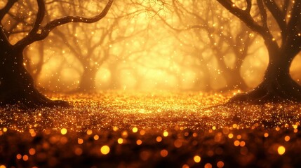 Enchanted golden forest with sparkling lights and mysterious atmosphere