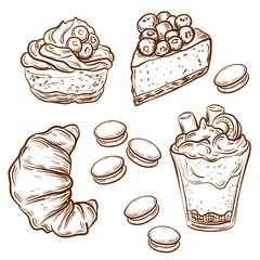 set of cakes in sketch style in brown colored lines, tasty set of candies