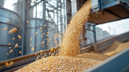 A close-up of a grain elevator with grain being loaded into bins