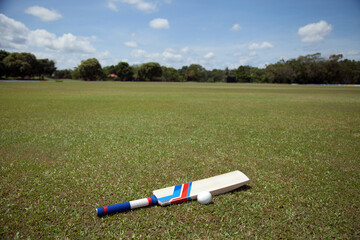 Cricket bat and ball lying on grass field