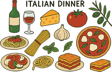 Create a Italian Dinner - whimsical style, hand drawn collection of illustrations, vector vector art with white background.