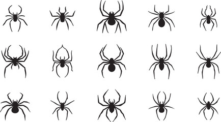 Create a Spider vector icon set vector art silhouette with white background.