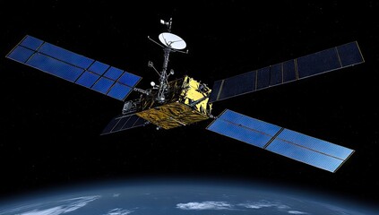 Satellite in orbit, solar panels, antenna