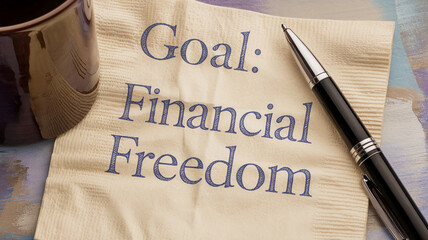 Beige napkin with blue text "Goal: Financial Freedom", accompanied by a pen, suggesting a written financial goal