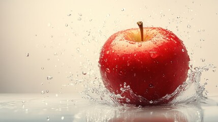 A realistic red apple with water splash, isolated on solid white background