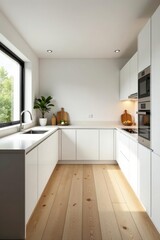 Modern white U-shaped kitchen, eco-friendly design, cooktop, interior