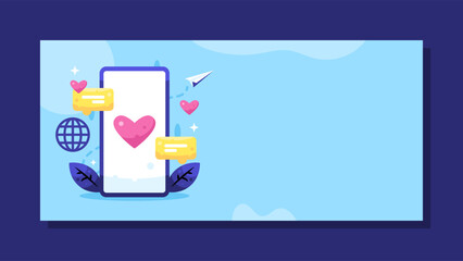 world social media day banner. illustration of smart phone with heart and chat. concept of social media day celebration and awareness. like, comment, post. blue horizontal background. elements. flat