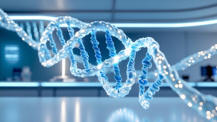 A detailed view of a DNA strand in a lab environment, showcasing its complex double helix structure. The image depicts a scientific and biological study