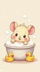 Cute chinchilla taking a bubble bath in a tiny tub, surrounded by rubber duckies