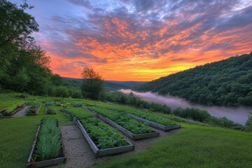 Sunrise over a tranquil garden nestled in a valley
