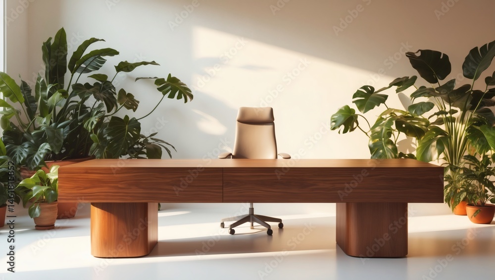 Poster An inviting minimalist office space filled with natural light and lush greenery, creating a sense of calm and productivity. The space has a desk and a chair