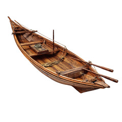 Elegant wooden rowboat model on sea ship on transparent background