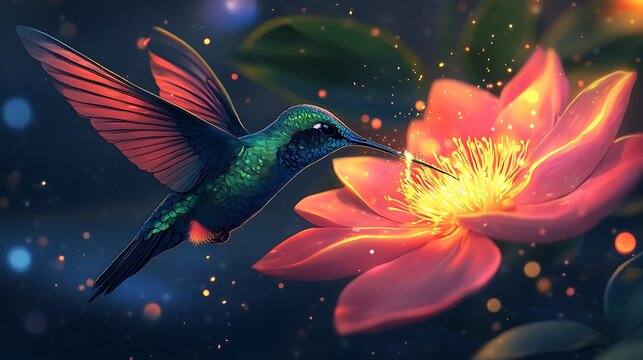 A radiant hummingbird drinking nectar from a glowing anime flower
