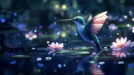 A shimmering hummingbird appearing in the reflection of a tranquil anime lake