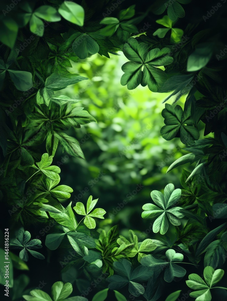 Poster abundant clover patch background with four leaf clovers in nature setting from above for st patrick'