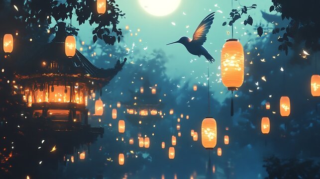 A shimmering hummingbird appearing in the reflection of a tranquil anime lake