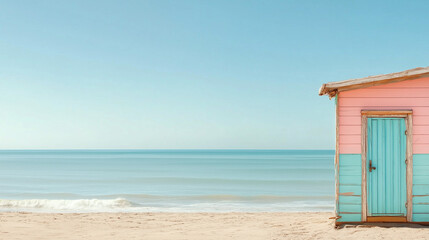 Fototapeta premium Old colorful beach hut on empty sea beach, summer background with empty space